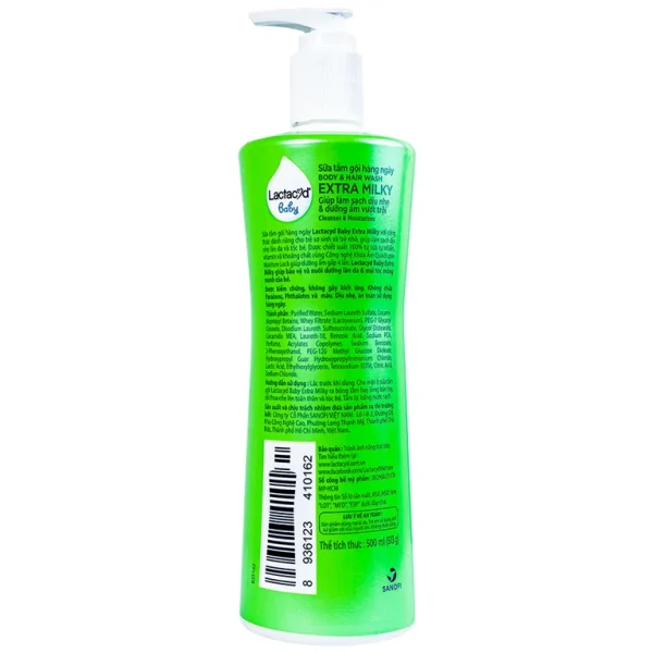 Sữa tắm gội hàng ngày Body And Hair Wash Lactacyd Baby Extra Milky sạch dịu nhẹ, dưỡng ẩm vượt trội (500ml)