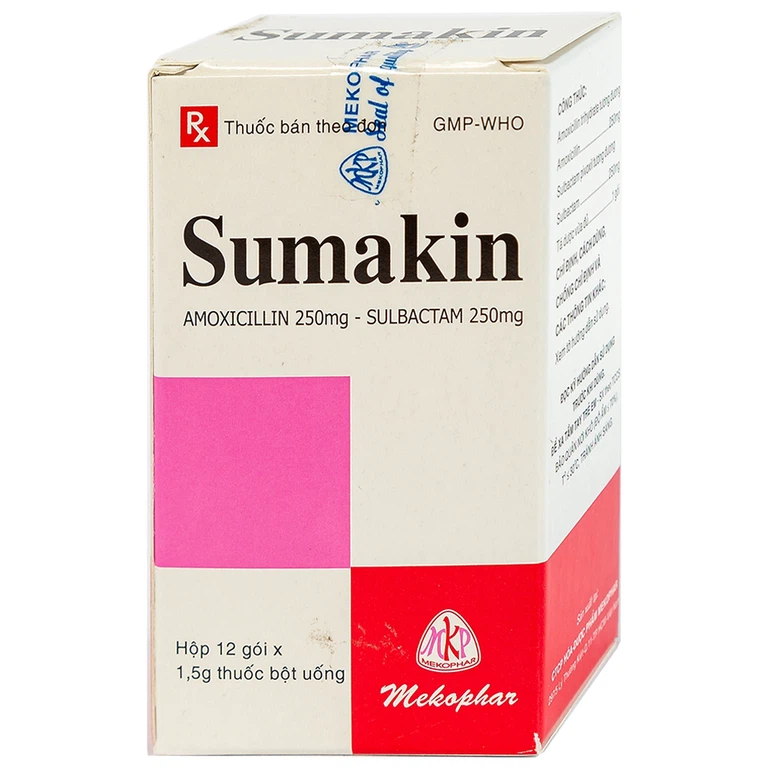 Bột uống Sumakin Mekophar điều trị nhiễm khuẩn miệng và đường hô hấp (12 gói x 1.5g)