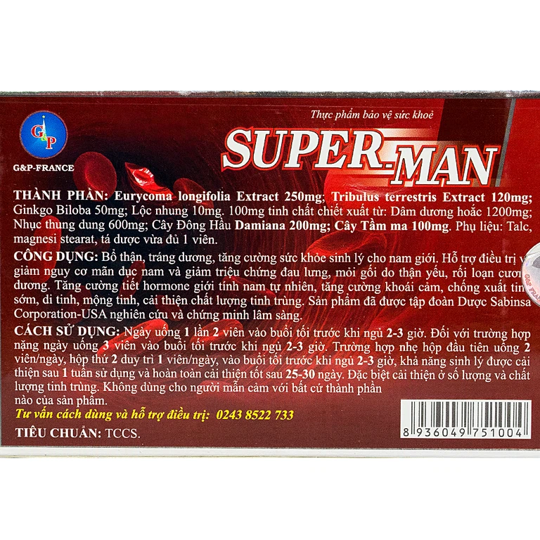 Viên uống Super Man G&P France bổ thận, tráng dương, tăng cường sinh lý ở nam giới (1 vỉ x 10 viên)