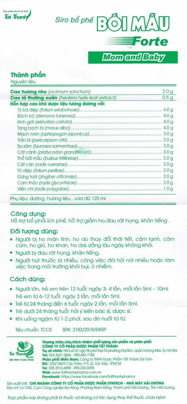 Siro bổ phế Bối Mẫu Forte Mom And Baby Tất Thành hỗ trợ bổ phổi ích phế, giảm ho (125ml)