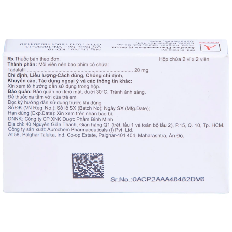 Thuốc Tadachem-20 Aurochem điều trị rối loạn cương dương (2 vỉ x 2 viên)