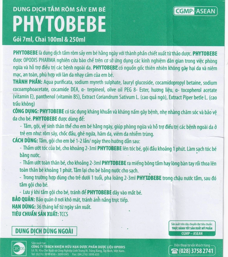 Dung dịch tắm rôm sảy em bé PhytoBeBe Opodis Pharma (250ml)