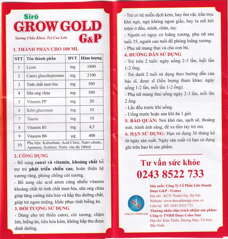 Siro Grow Gold G&P giúp ăn ngon, khắc phục biếng ăn, phát triển chiều cao (20 ống x 10ml)