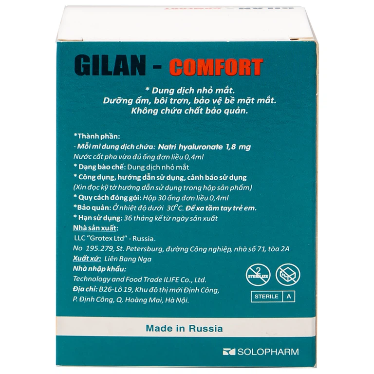Dung dịch nhỏ mắt Gilan Comfort Solopharm 0.4ml điều trị khô mắt, hội chứng Stevens Johnson (30 ống)