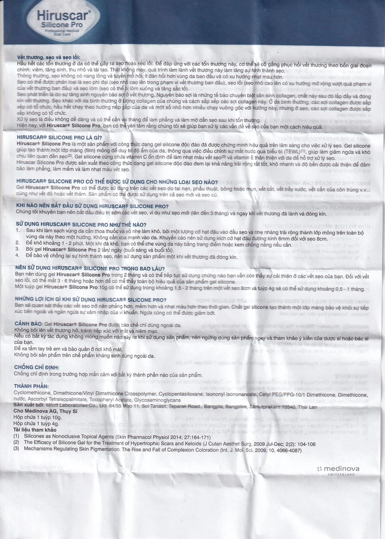 Kem bôi dạng gel Hiruscar Silicone Pro Medinova mờ sẹo, giảm ngứa và khó chịu liên quan đến sẹo (10g)