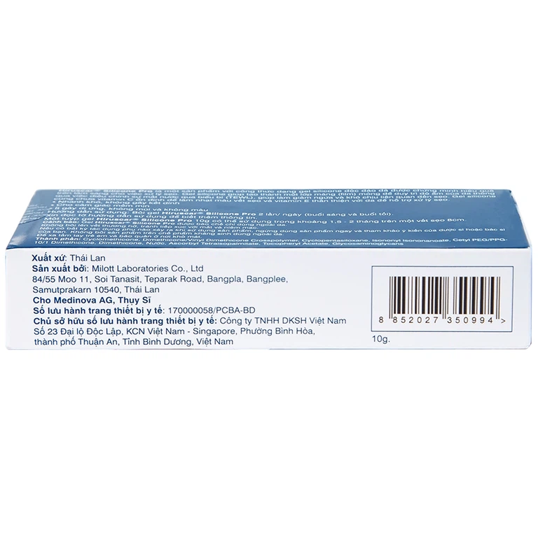 Kem bôi dạng gel Hiruscar Silicone Pro Medinova mờ sẹo, giảm ngứa và khó chịu liên quan đến sẹo (10g)