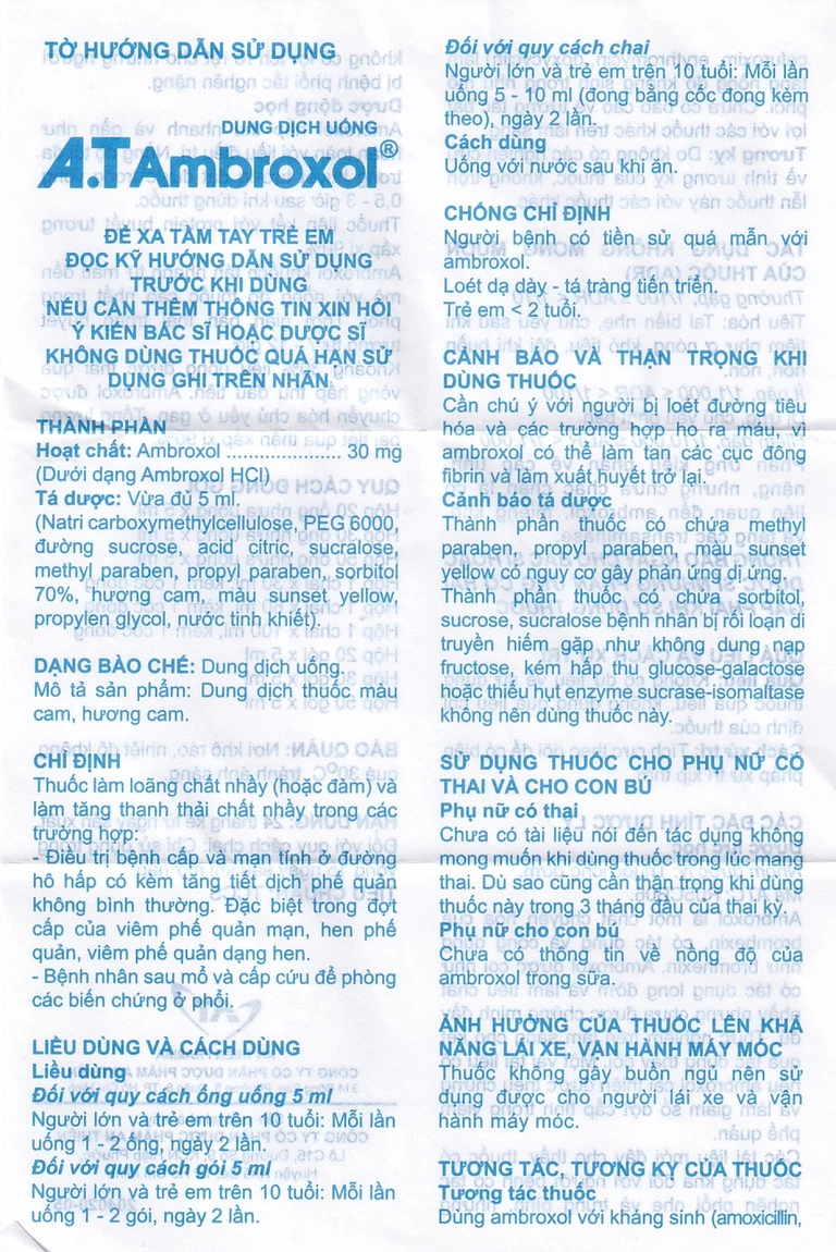 Dung dịch uống A.T Ambroxol 30mg An Thiên làm loãng nhầy trong bệnh viêm phế quản, hen phế quản (30 ống x 5ml)