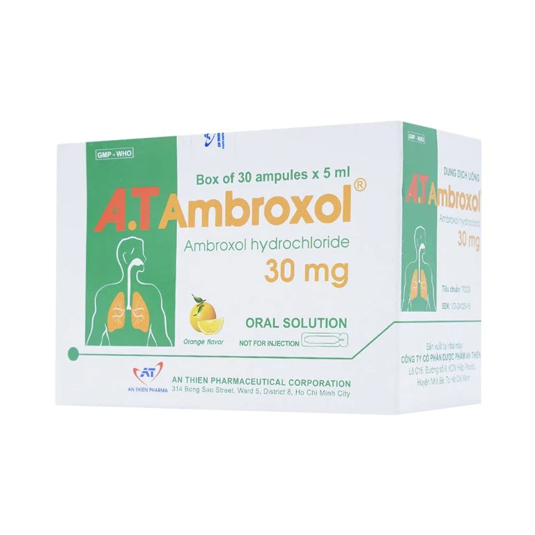 Dung dịch uống A.T Ambroxol 30mg An Thiên làm loãng nhầy trong bệnh viêm phế quản, hen phế quản (30 ống x 5ml)
