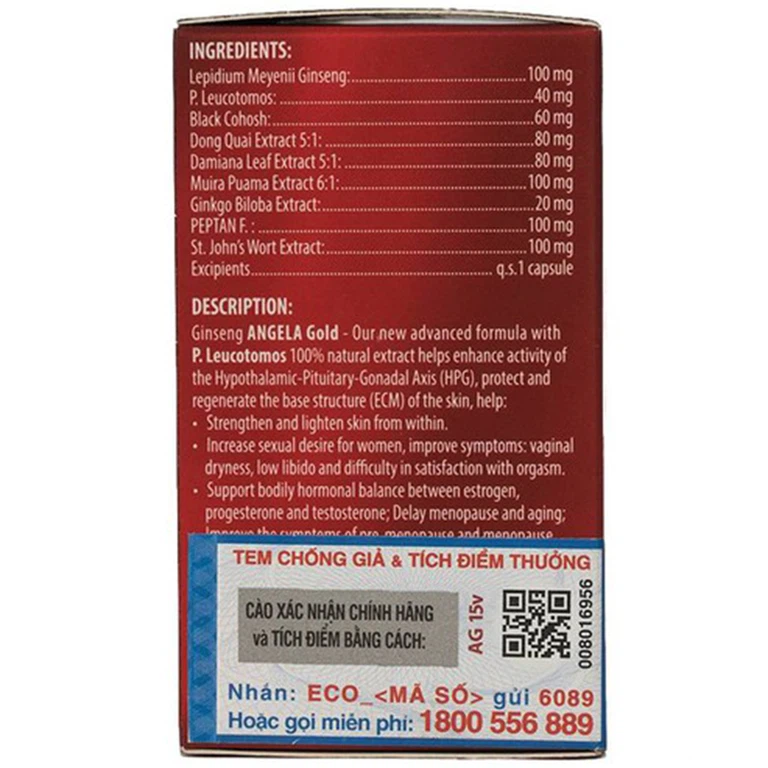 Viên uống sâm Angela Gold Ecogreen hỗ trợ làn da căng sáng, tăng cường sinh lý nữ (15 viên)