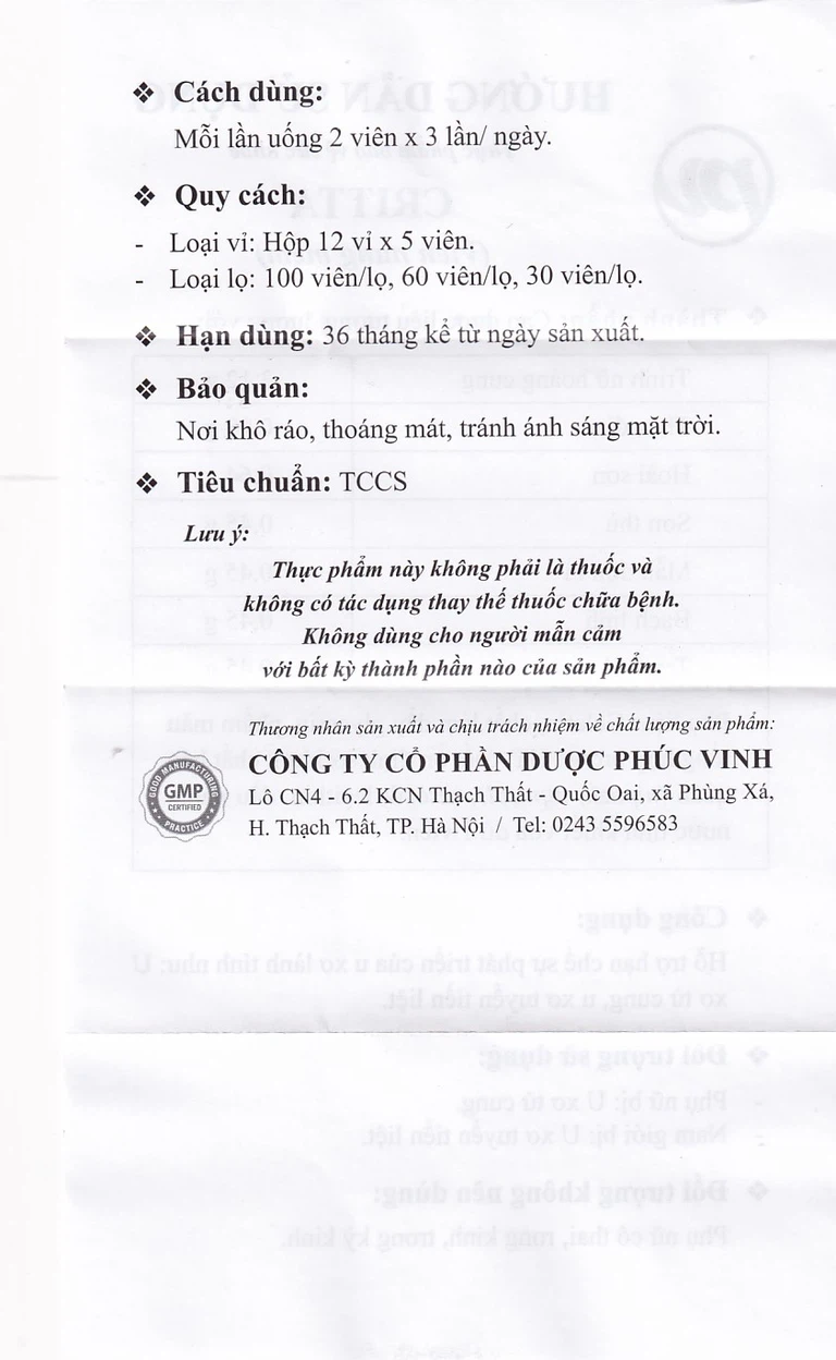 Viên uống Critta Trinh Nữ Hoàng Cung Phúc Vinh hỗ trợ hạn chế sự phát triển của u xơ lành tính (60 viên)