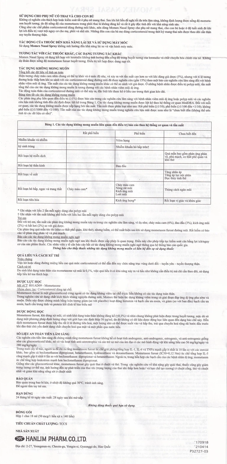 Hỗn dịch xịt mũi Momex Nasal Spray Hanlim điều trị viêm mũi theo mùa (18ml)