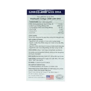 Viên uống Ginkgo 2500 With DHA VitaHealth hỗ trợ chức năng não bộ, tăng cường khả năng ghi nhớ (60 viên)
