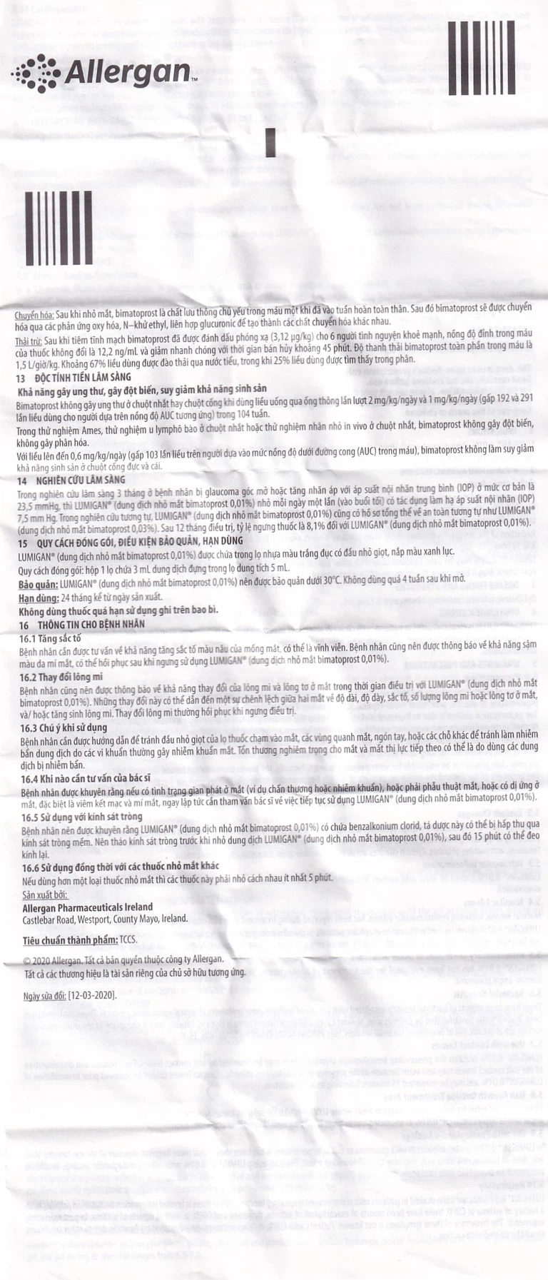 Thuốc nhỏ mắt Lumigan 0.01% Allergan giảm tăng áp suất nội nhãn (3ml)