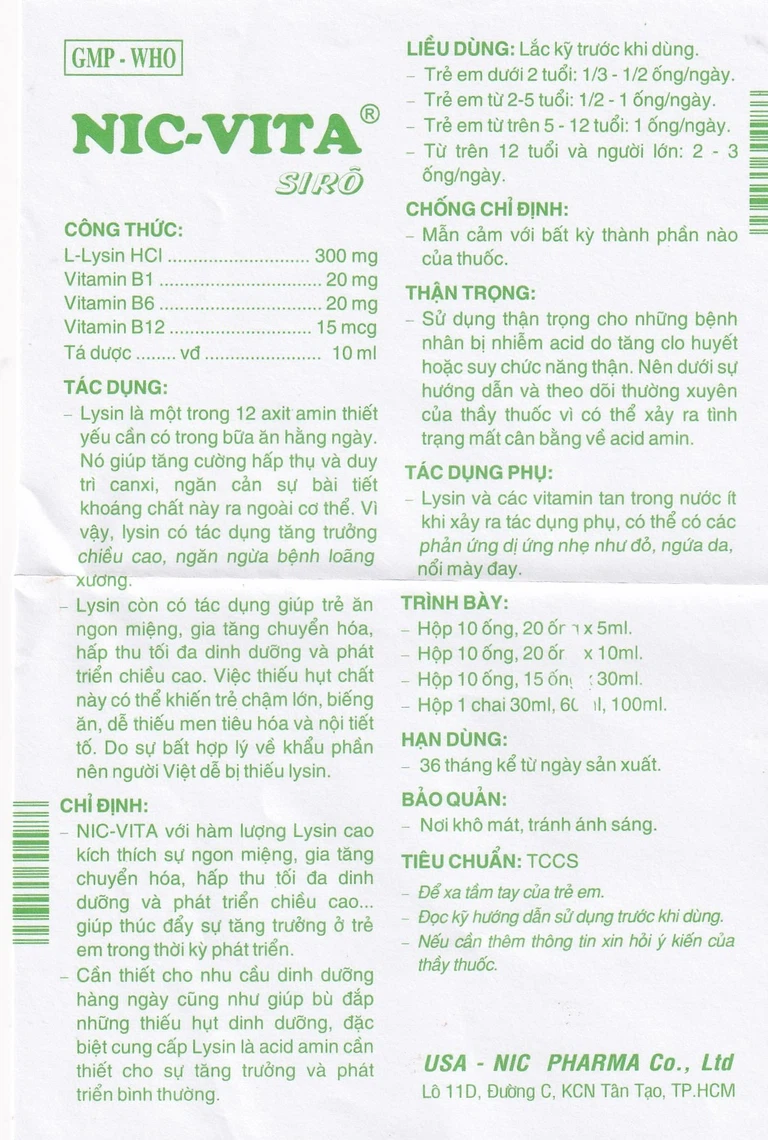 Siro Nic-Vita bổ sung dinh dưỡng, phát triển chiều cao ở trẻ em (20 ống x 10ml)