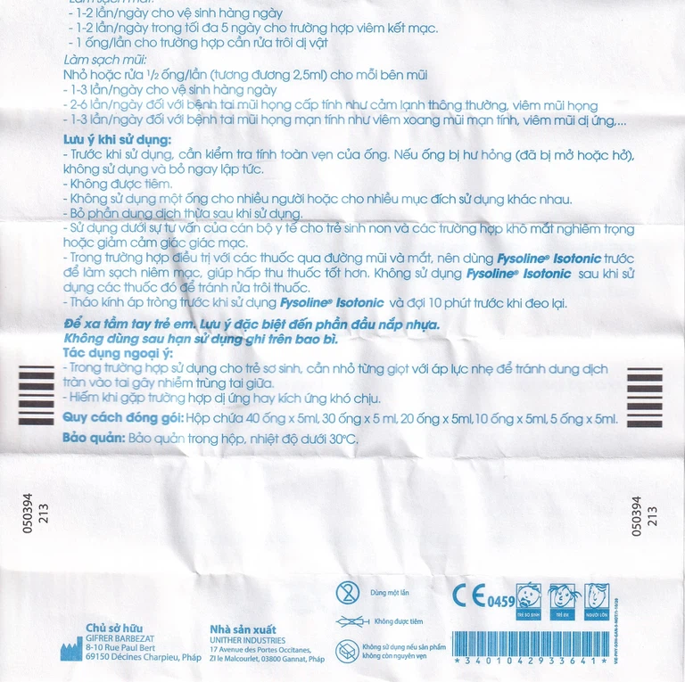 Dung dịch nước muối sinh lý không chất bảo quản Fysoline Gifrer làm sạch mắt, mũi (40 ống)