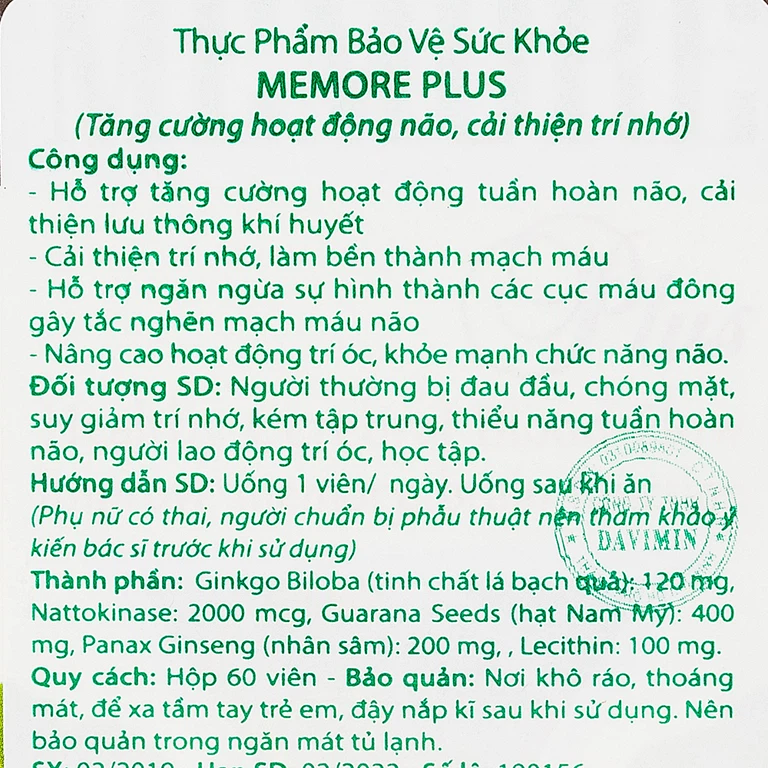 Viên uống Ultra Memore Plus Vitamins For Life hỗ trợ tăng cường hoạt động tuần hoàn não (60 viên)
