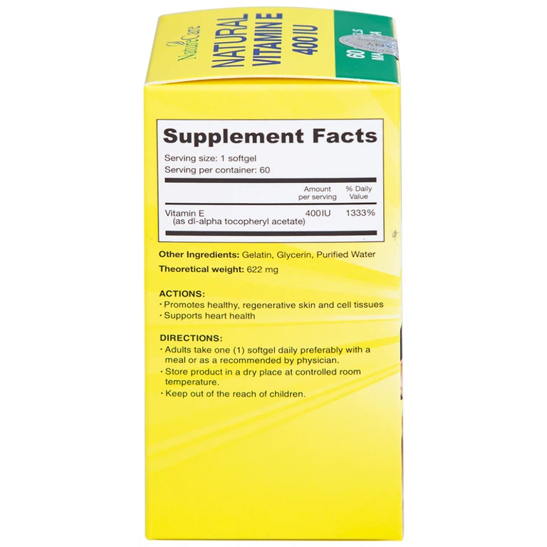 Thực phẩm bảo vệ sức khỏe Natural Vitamin E 400 IU giúp cải thiện sức khỏe da và phục hồi da (60 viên)