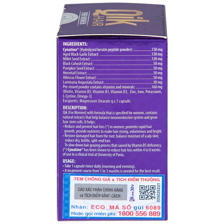 Viên uống Qik Hair For Women Ecogreen giúp giảm rụng tóc ở nữ giới, giúp tóc mọc nhanh (30 viên)