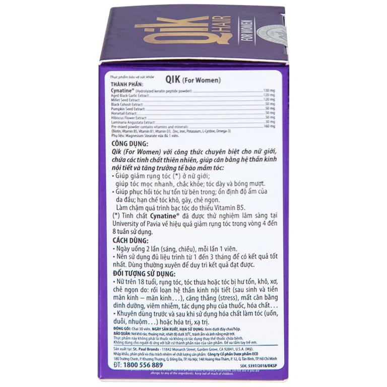 Viên uống Qik Hair For Women Ecogreen giúp giảm rụng tóc ở nữ giới, giúp tóc mọc nhanh (30 viên)