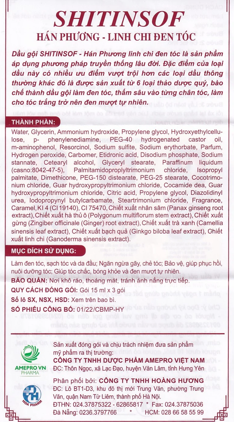 Dầu gội Shitinsof Hán Phương - Linh Chi Đen Tóc Danh Nhân Đường 15ml nhuộm đen và dưỡng tóc (3 gói)