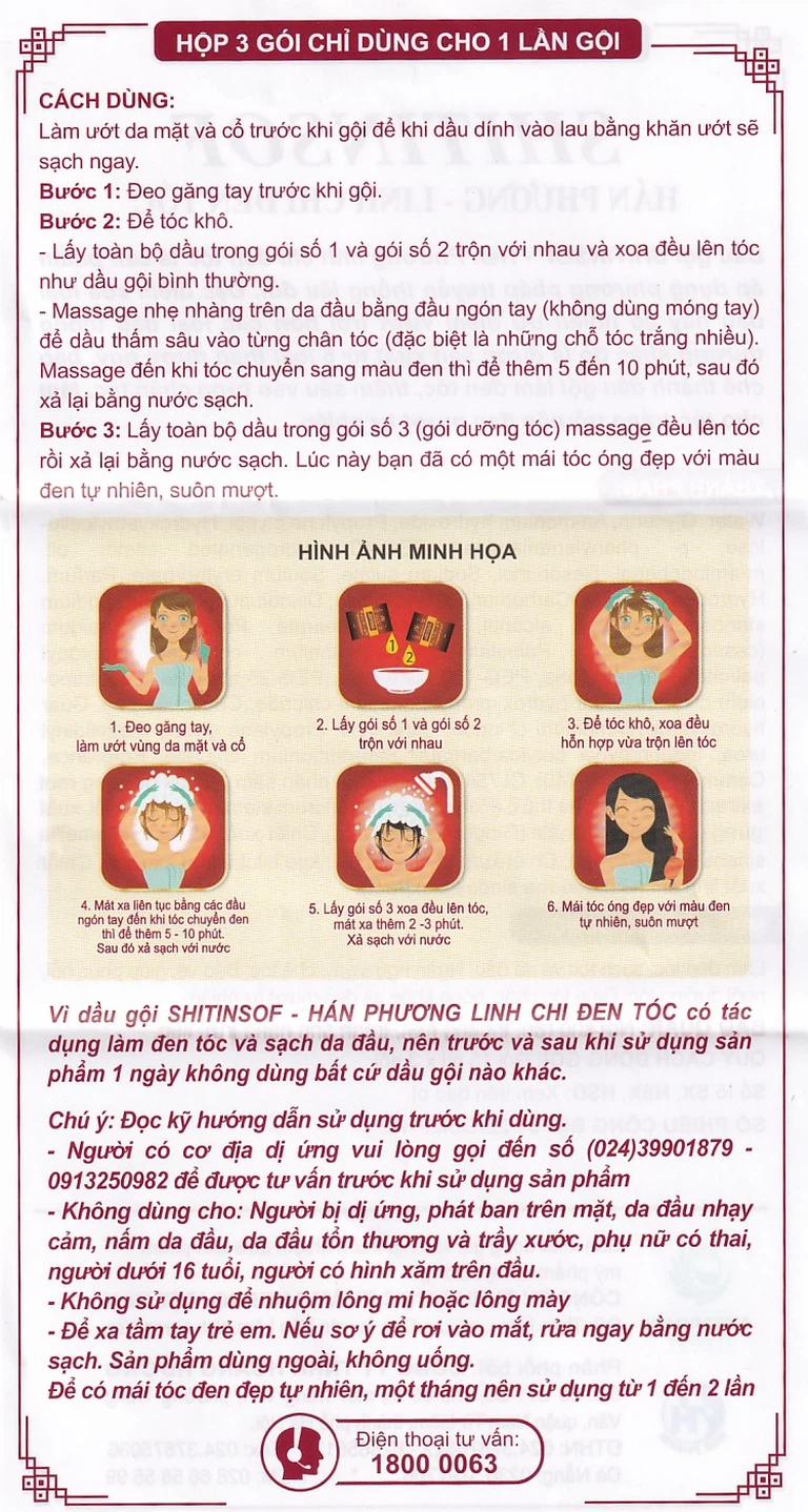 Dầu gội Shitinsof Hán Phương - Linh Chi Đen Tóc Danh Nhân Đường 15ml nhuộm đen và dưỡng tóc (3 gói)