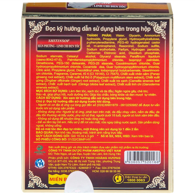 Dầu gội Shitinsof Hán Phương - Linh Chi Đen Tóc Danh Nhân Đường 15ml nhuộm đen và dưỡng tóc (3 gói)