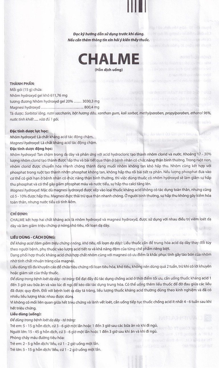 Hỗn dịch uống Chalme Davipharm điều trị viêm loét dạ dày (20 gói x 15g)