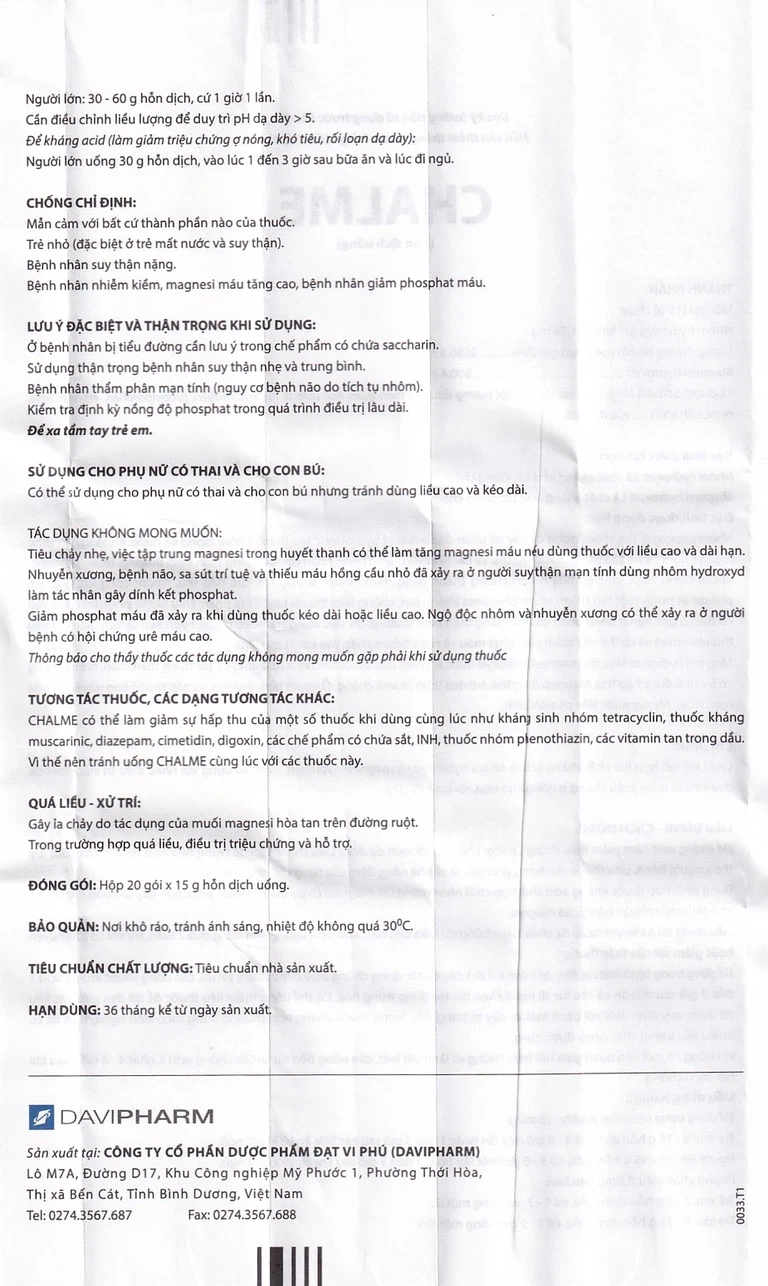 Hỗn dịch uống Chalme Davipharm điều trị viêm loét dạ dày (20 gói x 15g)