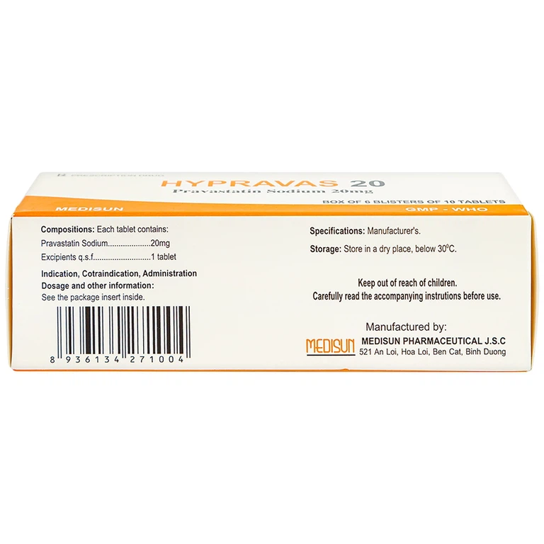 Thuốc Hypravas 20 Medisun điều trị tăng cholesterol máu, xơ vữa động mạch (6 vỉ x 10 viên)