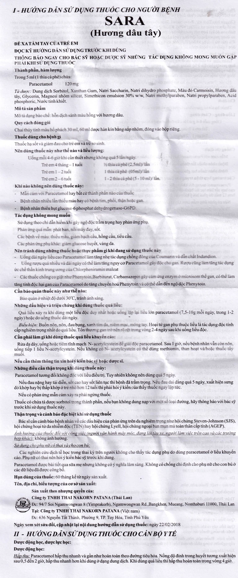 Hỗn dịch SaRa For Children 120mg/5ml Thai Nakorn Patana - hương dâu - hạ sốt và giảm đau (30ml)