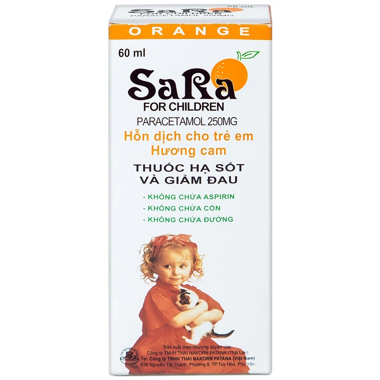 Hỗn dịch SaRa For Children 250mg Thai Nakorn Patana hương cam, hạ sốt và giảm đau (60ml)