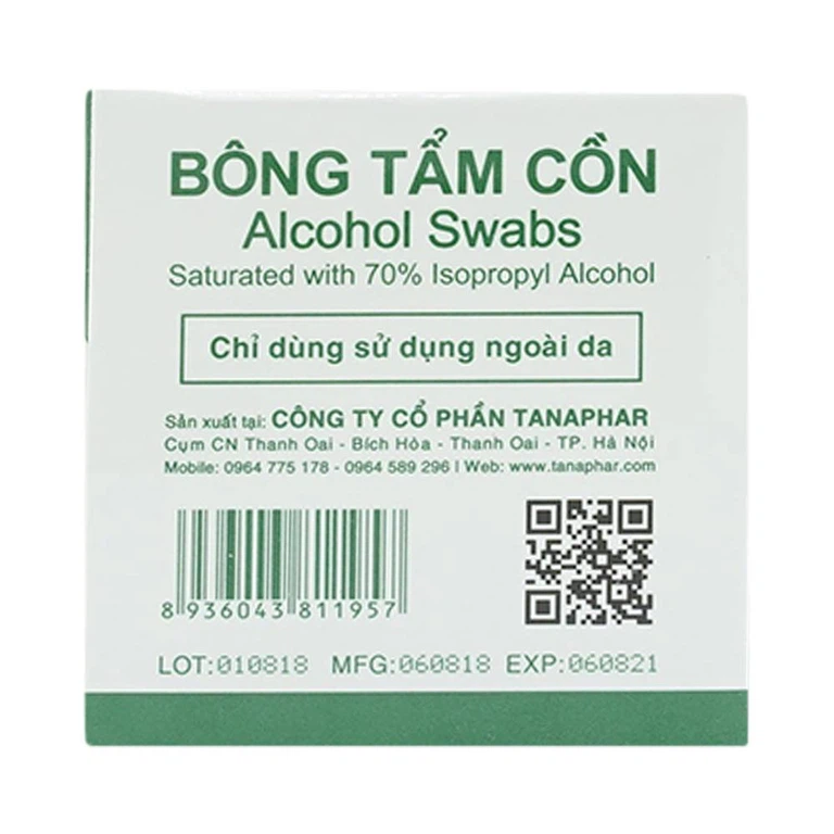 Bông tẩm cồn Alcohol Swabs Tanaphar làm sạch và khử trùng da trước khi tiêm (100 miếng)