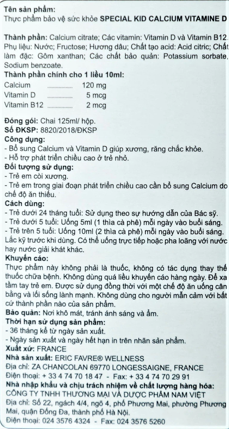 Siro Special Kid Calcium Vitamine D bổ sung Calci và Vitamin D giúp xương, răng chắc khỏe (125ml)