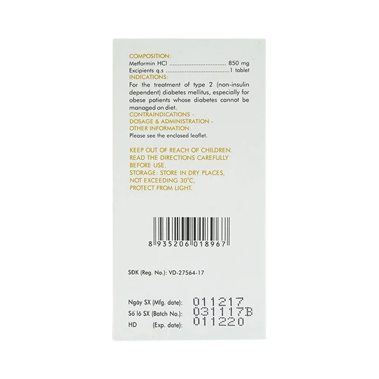 Thuốc Glumeform 850 DHG điều trị bệnh đái tháo đường típ 2 (10 vỉ x 5 viên)