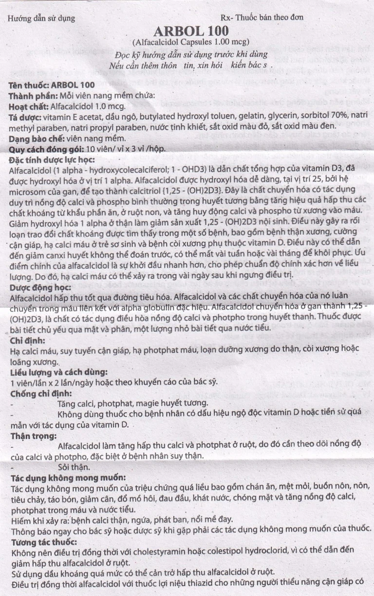 Thuốc Arbol-100 Olive Healthcare dùng trong hạ canxi máu, suy tuyến cận giáp (3 vỉ x 10 viên)