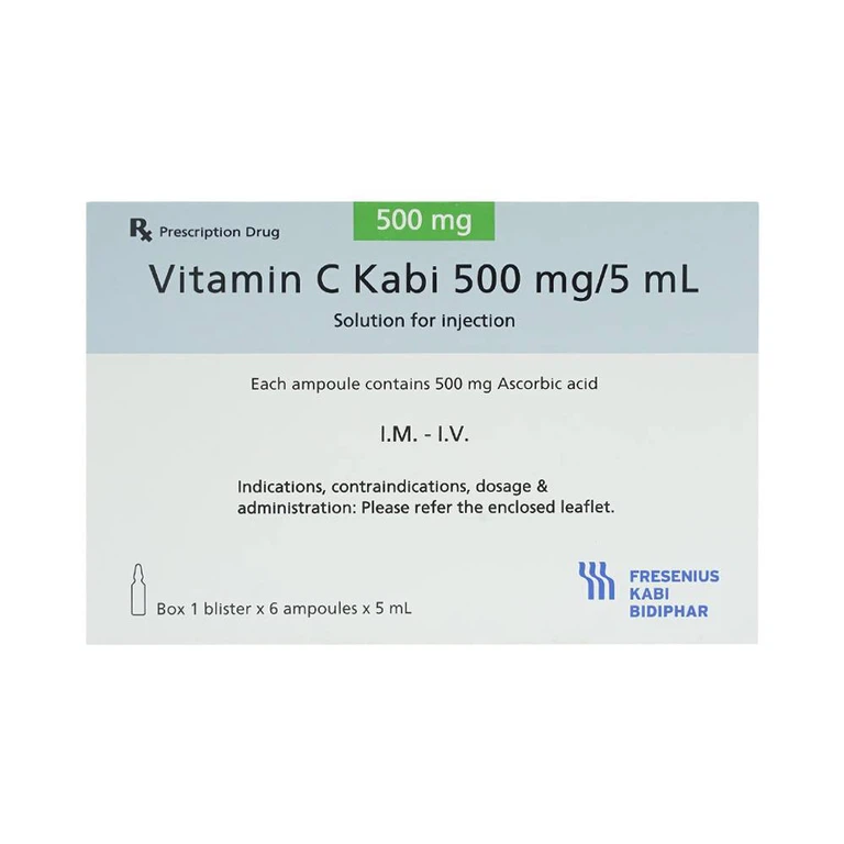 Thuốc tiêm Vitamin C Kabi 500mg/5ml phòng và điều trị bệnh Scorbut (1 vỉ x 6 ống )