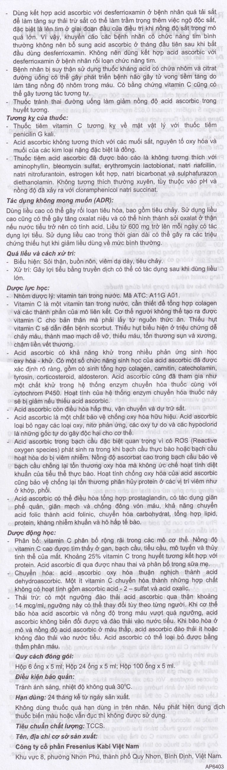 Thuốc tiêm Vitamin C Kabi 500mg/5ml phòng và điều trị bệnh Scorbut (1 vỉ x 6 ống )