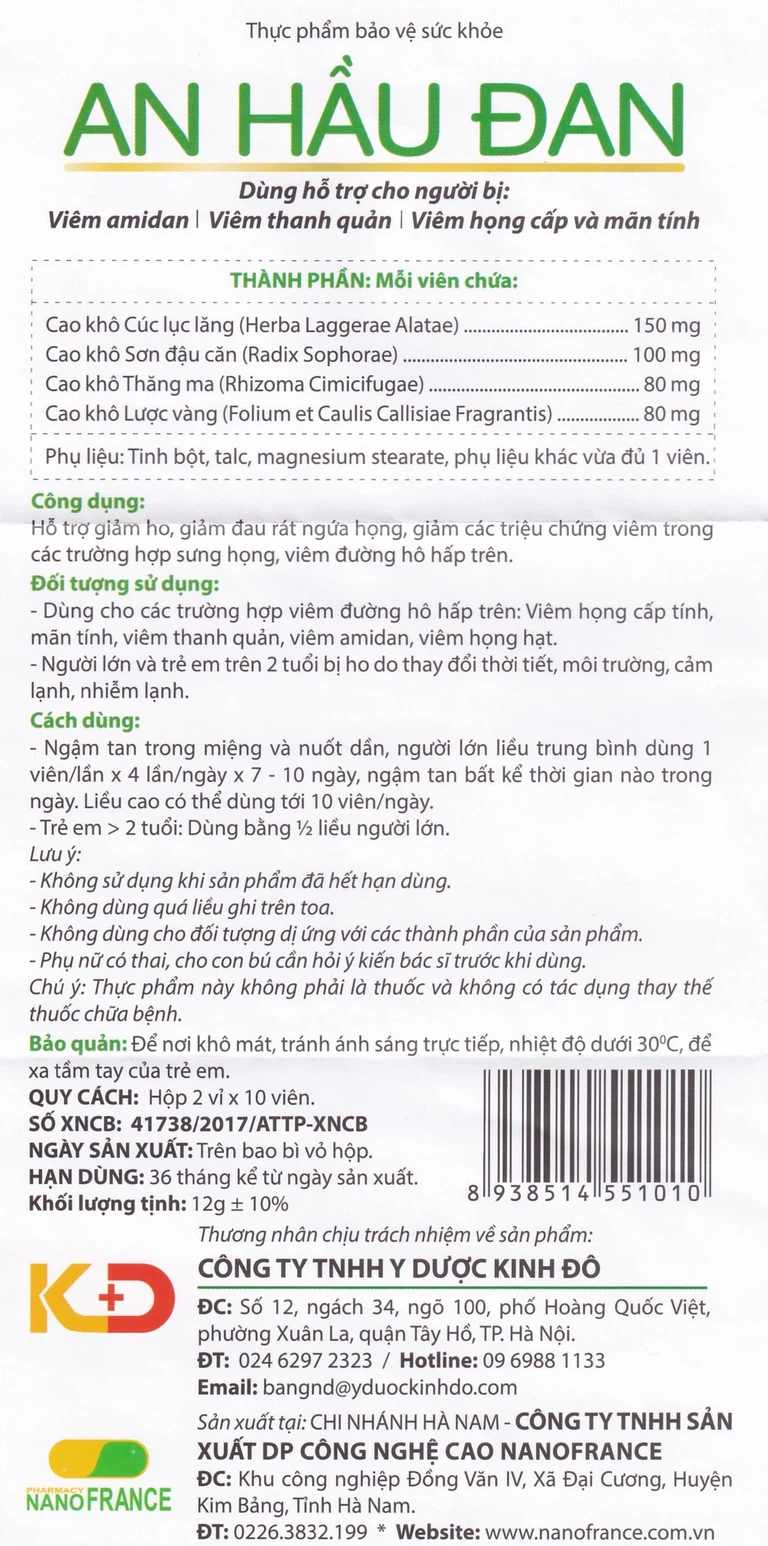 Viên ngậm An Hầu Đan Kinh Đô hỗ trợ viêm amidan, viêm thanh quản, viêm họng cấp (2 vỉ x 10 viên)