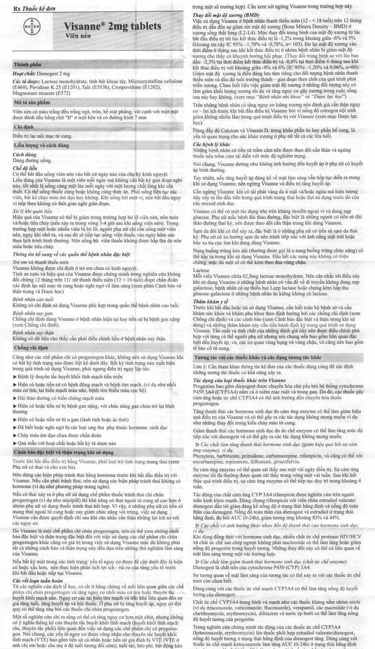 Thuốc Visanne 2mg Bayer hỗ trợ điều trị lạc nội mạc tử cung (2 vỉ x 14 viên)