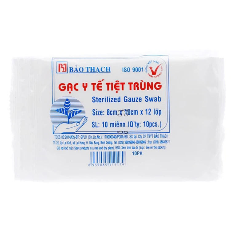 Gạc y tế 8cm x 10cm x 12 lớp tiệt trùng Bảo Thạch làm sạch các vết thương nhỏ, thấm máu và dịch tiết (10 miếng)