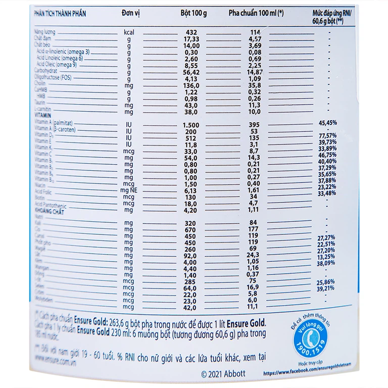 Sữa bột Ensure Gold Abbott hương vani, ít ngọt, bổ sung dinh dưỡng, vitamin, khoáng chất cho cơ thể (400g)