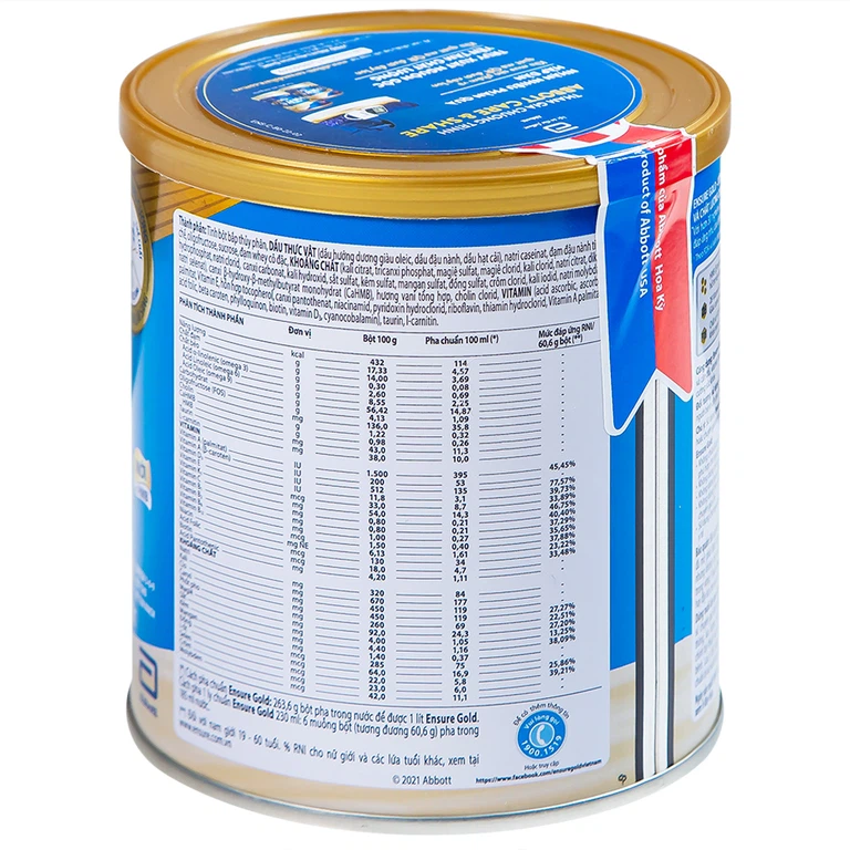 Sữa bột Ensure Gold Abbott hương vani, ít ngọt, bổ sung dinh dưỡng, vitamin, khoáng chất cho cơ thể (400g)