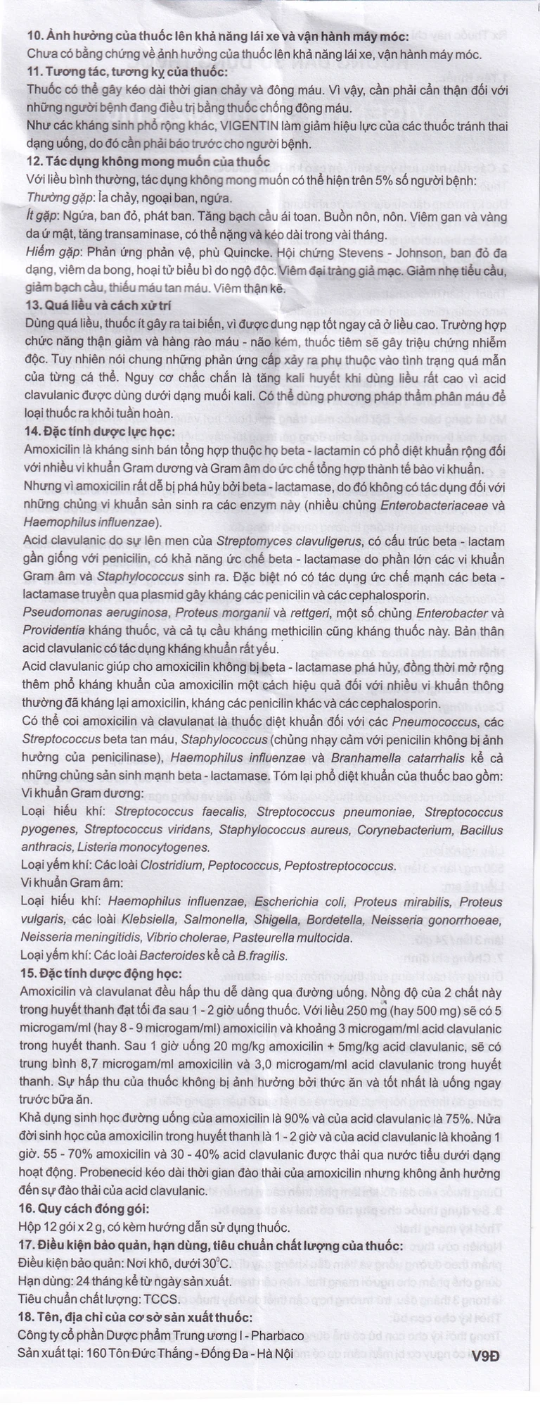 Thuốc bột pha hỗn dịch uống Vigentin 500mg/62,5mg Pharbaco điều trị các chứng nhiễm khuẩn (12 gói x 2g)