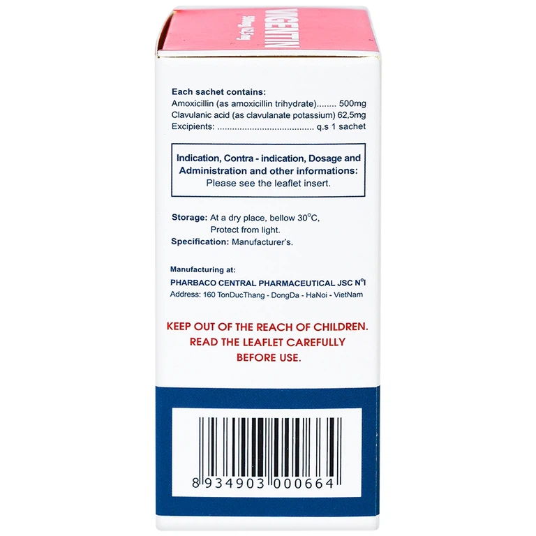 Thuốc bột pha hỗn dịch uống Vigentin 500mg/62,5mg Pharbaco điều trị các chứng nhiễm khuẩn (12 gói x 2g)