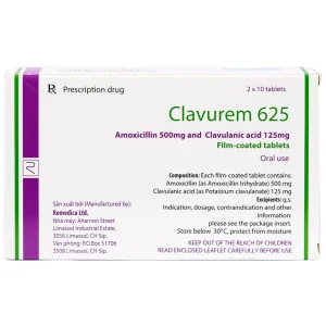 Thuốc Clavurem 625 Remedica điều trị nhiễm khuẩn (2 vỉ x 10 viên)