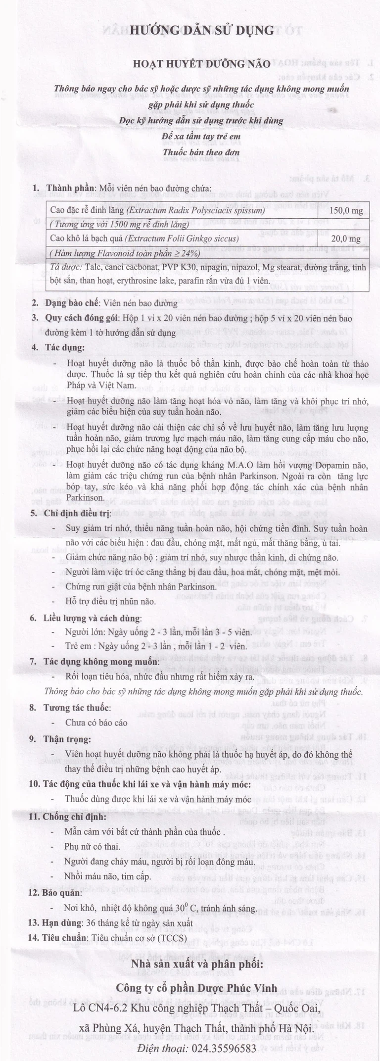 Thuốc Hoạt Huyết Dưỡng Não Phúc Vinh điều trị suy giảm trí nhớ, thiểu năng tuần hoàn não (5 vỉ x 20 viên)