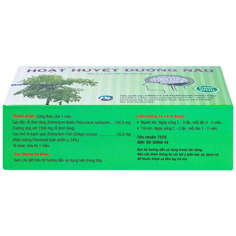 Thuốc Hoạt Huyết Dưỡng Não Phúc Vinh điều trị suy giảm trí nhớ, thiểu năng tuần hoàn não (5 vỉ x 20 viên)