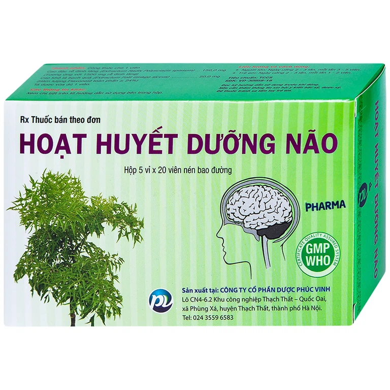 Thuốc Hoạt Huyết Dưỡng Não Phúc Vinh điều trị suy giảm trí nhớ, thiểu năng tuần hoàn não (5 vỉ x 20 viên)