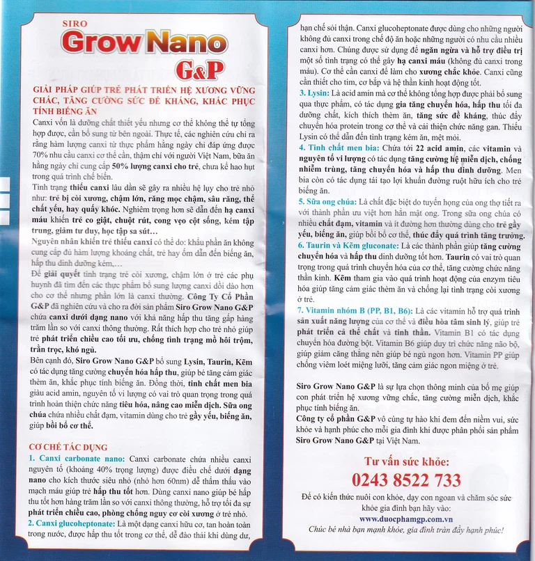 Siro Grow Nano G&P giúp trẻ phát triển hệ xương, tăng cường đề kháng (20 ống x 10ml)