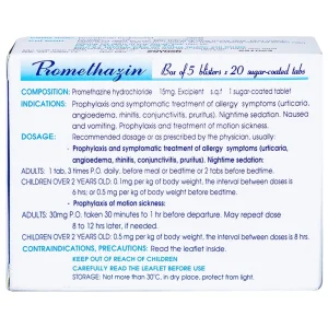 Thuốc Promethazin 15mg Nadyphar phòng và điều trị các tình trạng dị ứng, chống nôn (5 vỉ x 20 viên)
